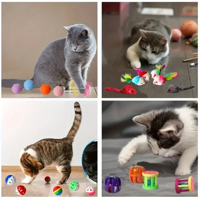 Rolig leksaksmix för katt med fjädrar och mjuka plyschleksaker - Bild 5