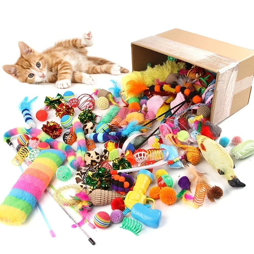 Rolig leksaksmix för katt med fjädrar och mjuka plyschleksaker