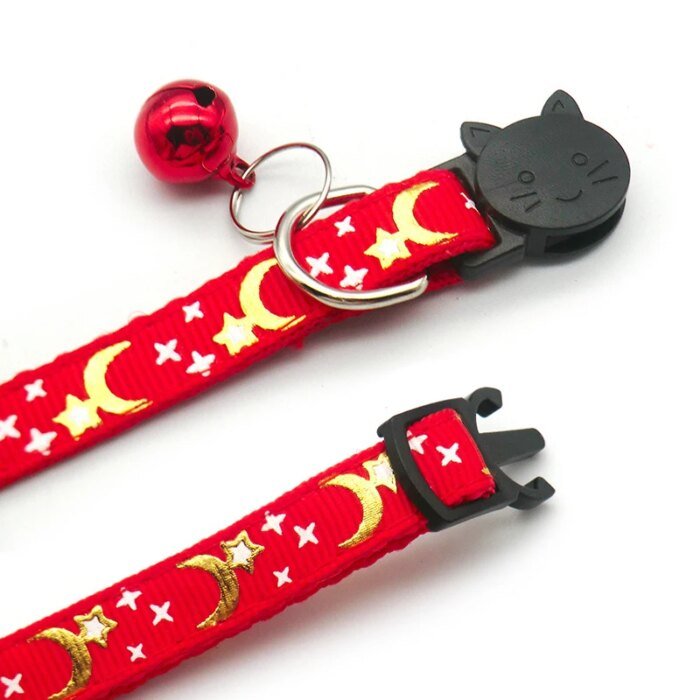 Kattenhalsband med guldstjärnor, måne, reflexspänne och bjällra - Bild 4