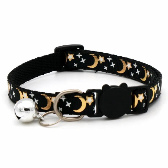 Kattenhalsband med guldstjärnor, måne, reflexspänne och bjällra - Bild 5