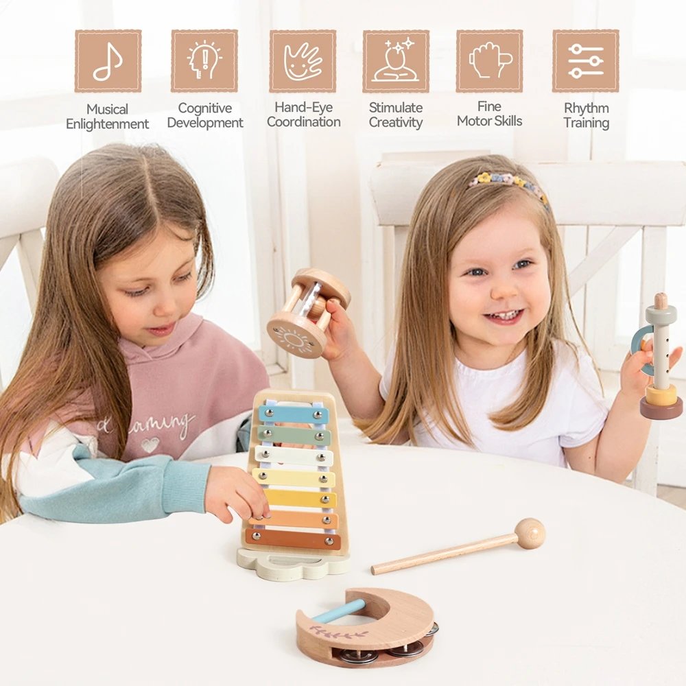 Musikaliska Montessori-leksaker i trä med trumma och xylofon