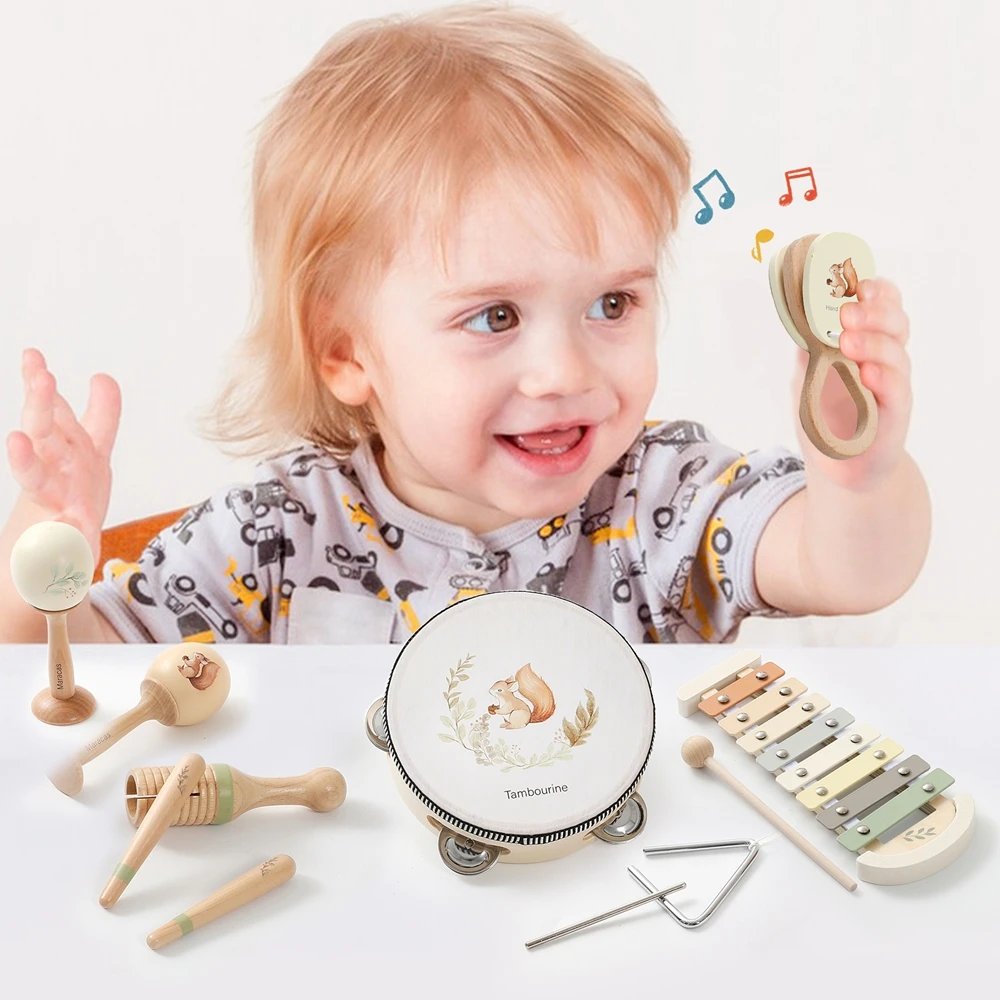 Musikaliska Montessori-leksaker i trä med trumma och xylofon
