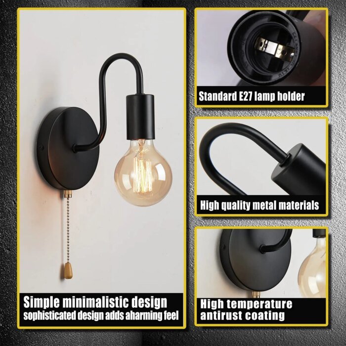 Nordisk Industriell Svart Vägglampa med E27-sockel för Inomhusbruk - Bild 4