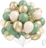 Salviagröna och guldfärgade ballonger med konfetti för boho-fester
