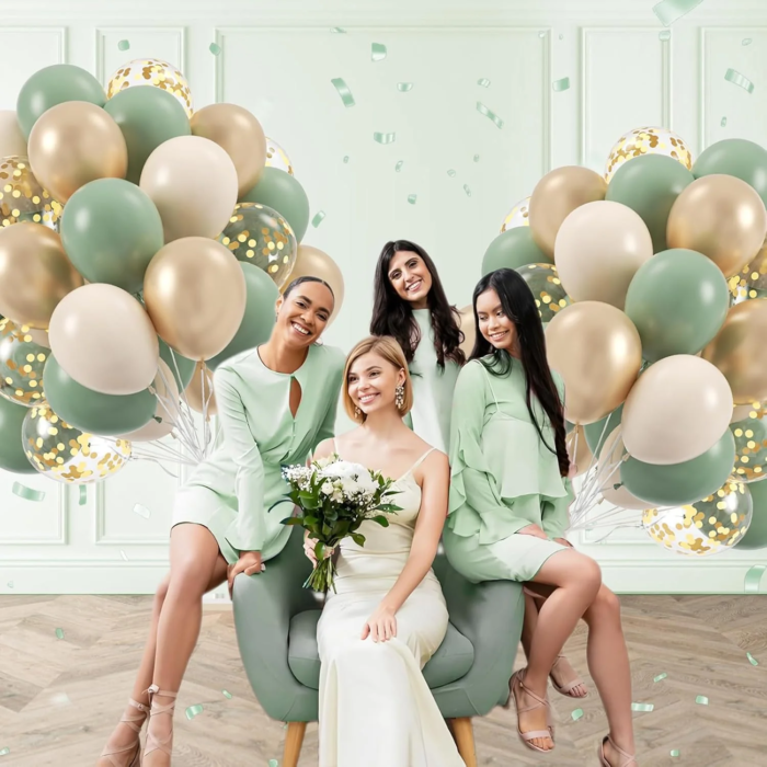 Salviagröna och guldfärgade ballonger med konfetti för boho-fester - Bild 3