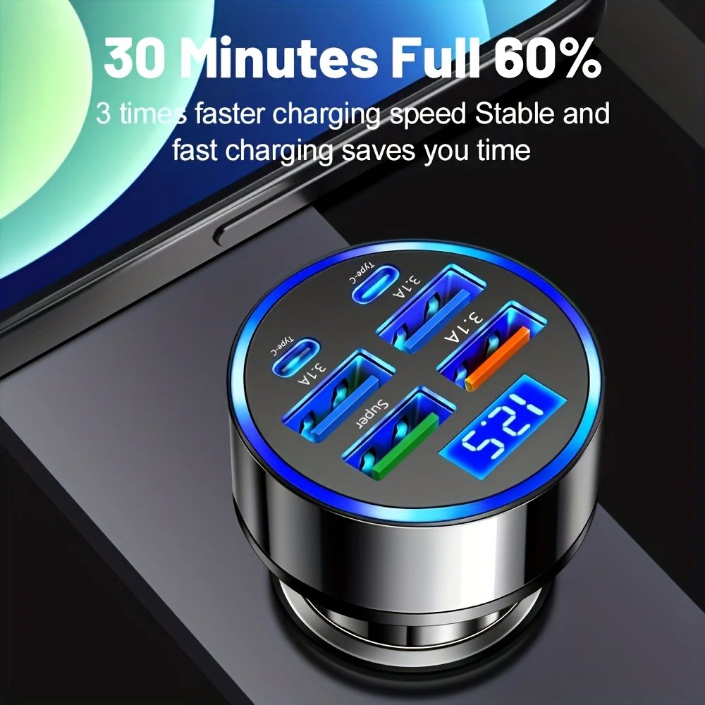 6-i-1 Snabbladdare för bil – 3.1A billaddare med dubbla USB-C och digital display