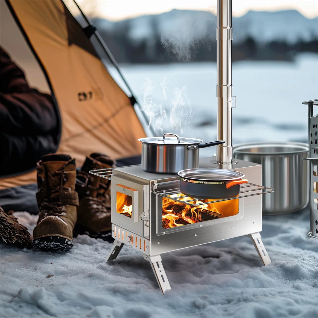 Bärbar vedeldad kamin med 6 skorstensrör för tält och camping Bärbar vedeldad kamin med 6 skorstensrör för tält och camping