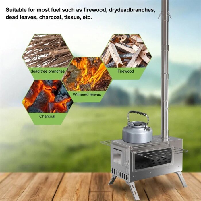 Bärbar vedeldad kamin med 6 skorstensrör för tält och camping - Bild 4