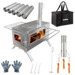 Bärbar vedeldad kamin med 6 skorstensrör för tält och camping