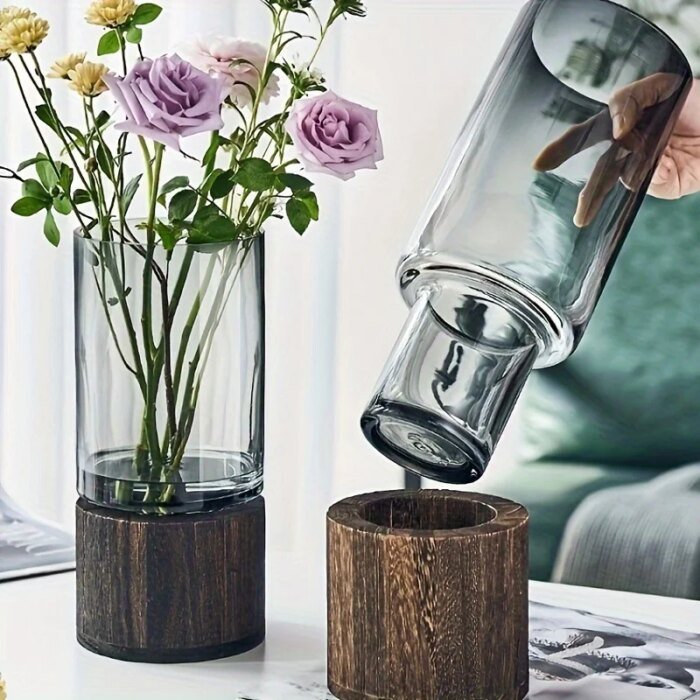 Elegant glasvas med träbas för hydroponiska växter och blommor - Bild 4