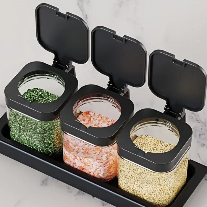 Set om tre kryddburkar i glas med sked på 10 oz - Bild 3