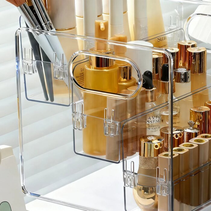 Transparent portabel sminkbox med tre fack för skrivbordet - Bild 2