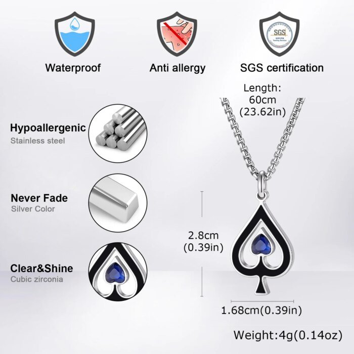 Vnox Halsband i rostfritt stål – Spade-hänge med blå zirkonia (Poker/Hip Hop-stil) - Bild 3