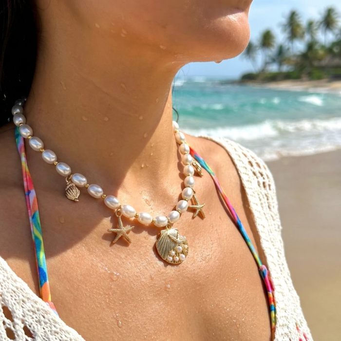 Bohemiskt pärlhalsband – Choker med guldskimrande snäcka & sjöstjärna - Bild 4