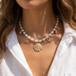 Bohemiskt pärlhalsband – Choker med guldskimrande snäcka & sjöstjärna - Bild 3