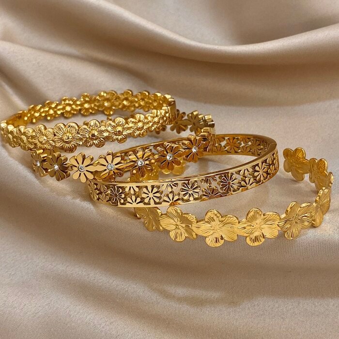 316L Rostfritt Stål Blomsterarmband för Dam – Elegant Öppet Manschettarmband med Ihåligt Blommönster - Bild 5