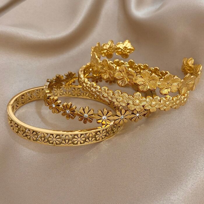 316L Rostfritt Stål Blomsterarmband för Dam – Elegant Öppet Manschettarmband med Ihåligt Blommönster - Bild 3