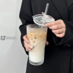 Randigt Glas med Lock och Sugrör 600 ml - Bild 2