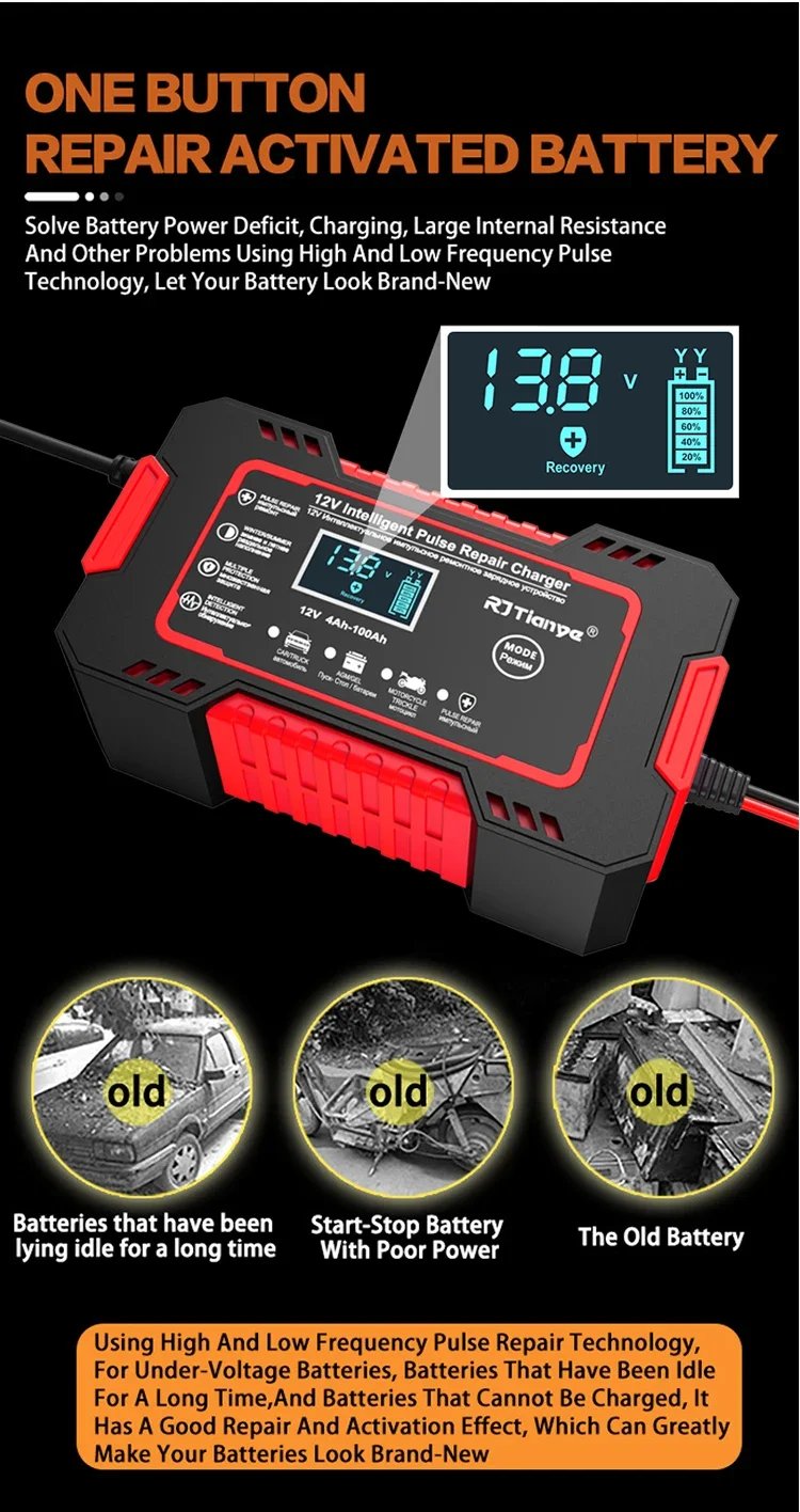 EAFC 12V 6A Intelligent Batteriladdare med LCD & Pulsreparation för Bil/MC
