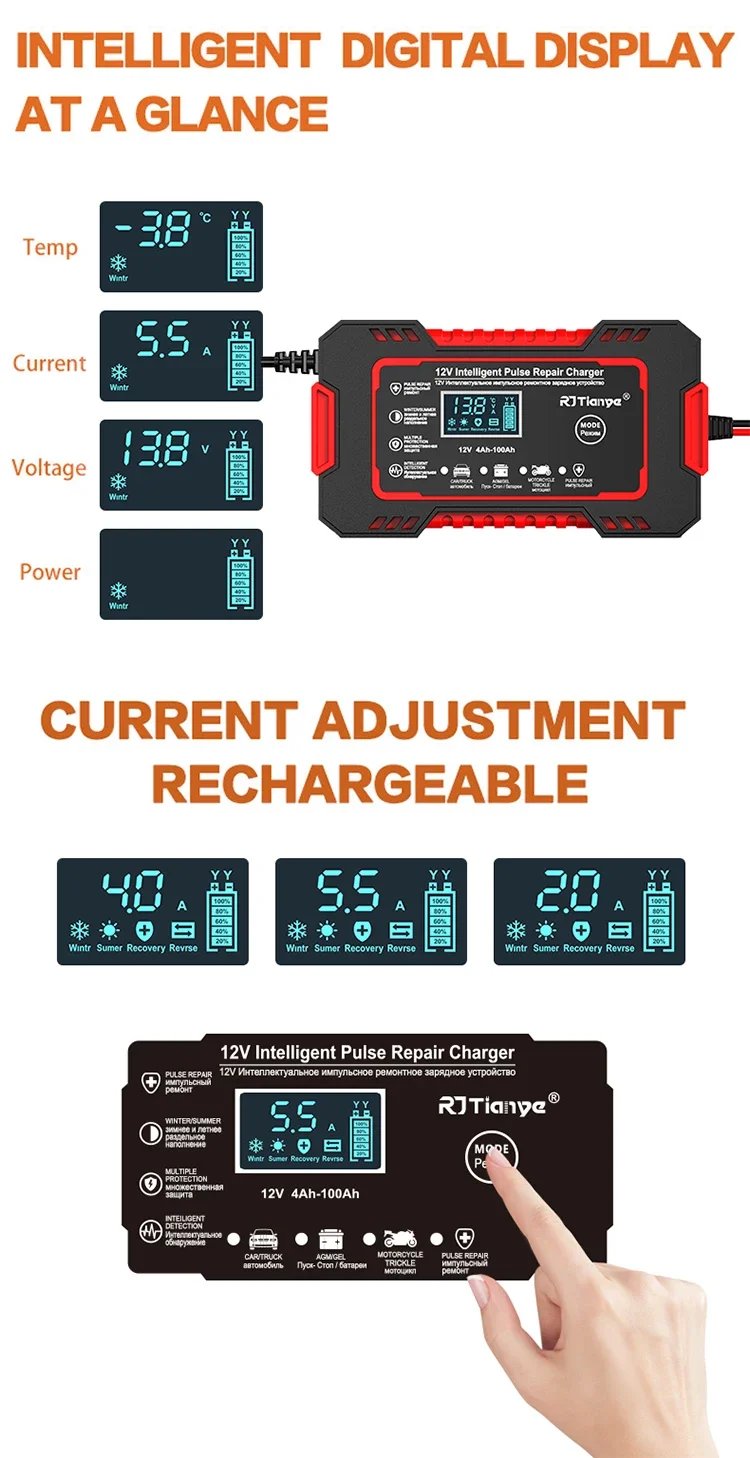 EAFC 12V 6A Intelligent Batteriladdare med LCD & Pulsreparation för Bil/MC
