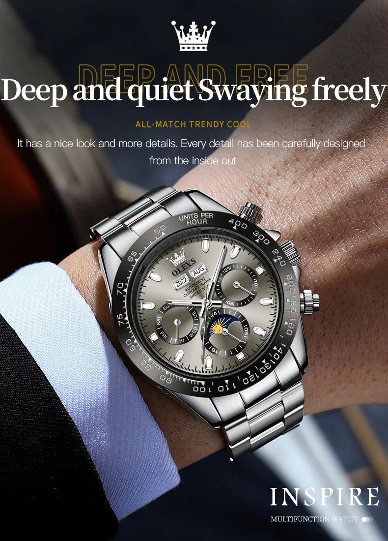 Olevs Lyxig Automatisk Kronograf för Herrar