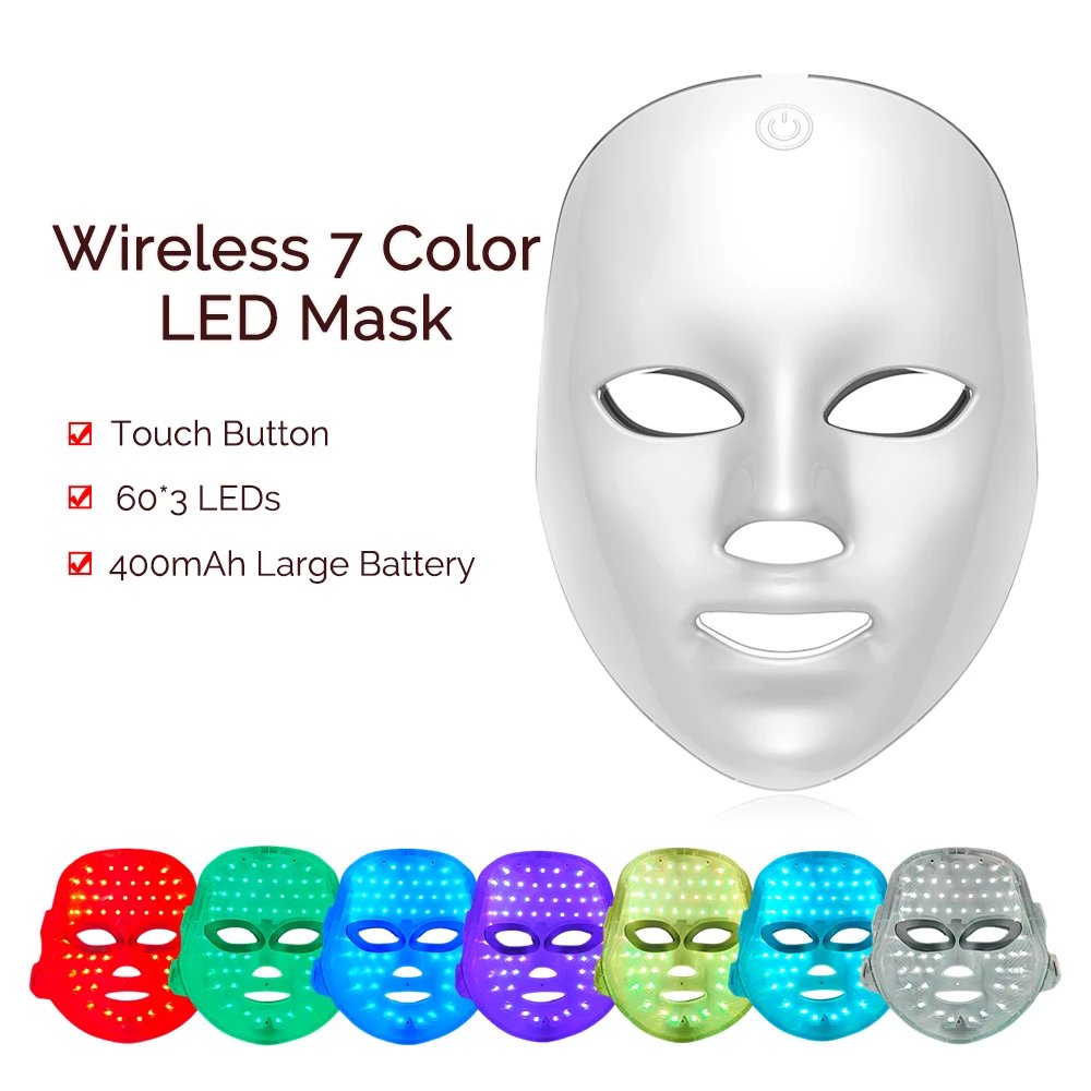 Trådlös LED-mask för ansikte och hals med 7 ljuslägen
