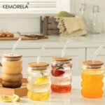 Värmetåliga vågformade kaffeglas 4-pack med lock och sugrör