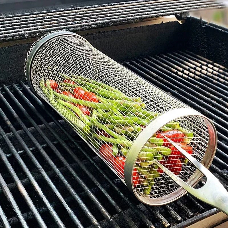 Rullande grillkorg i rostfritt stål för utegrill