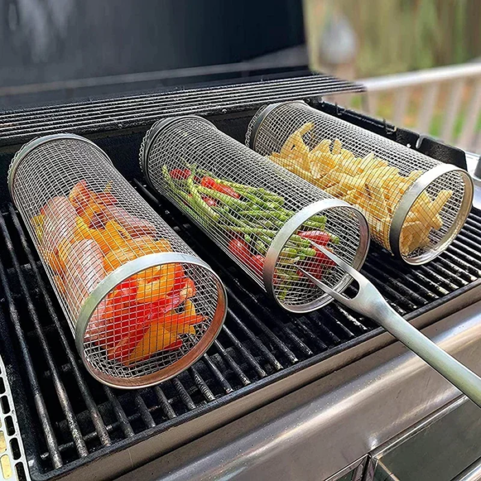 Rullande grillkorg i rostfritt stål för utegrill - Bild 2