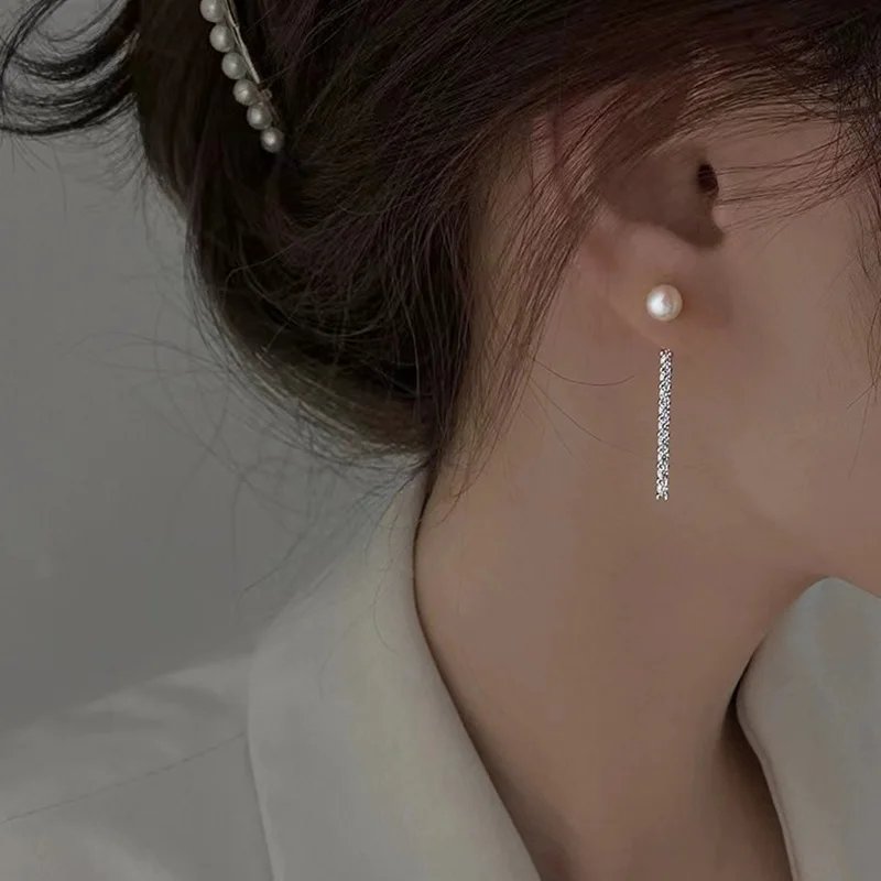 Långa 925 Sterling Silver Pärlörhängen med Zirkonia Långa 925 Sterling Silver Pärlörhängen med Zirkonia