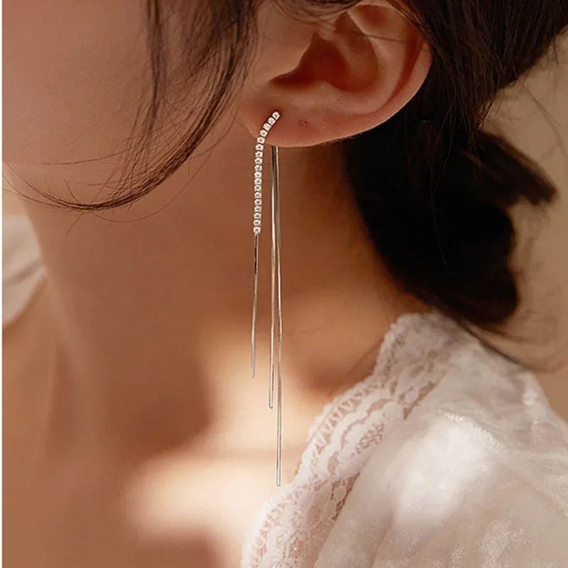 Långa Glänsande 925 Sterling Silver Örhängen med Zirkonia