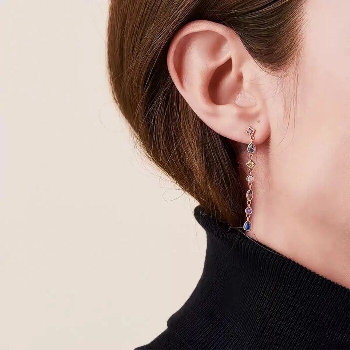 Långa Geometriska 925 Sterling Silver Örhängen med Färgad Zirkonia - Image 3